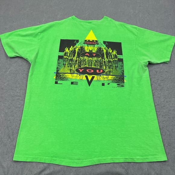VTG 1990 Levi's Shirt Men's L Green Neon Bigger Cycling Coming At You USA Made - Picture 1 of 13